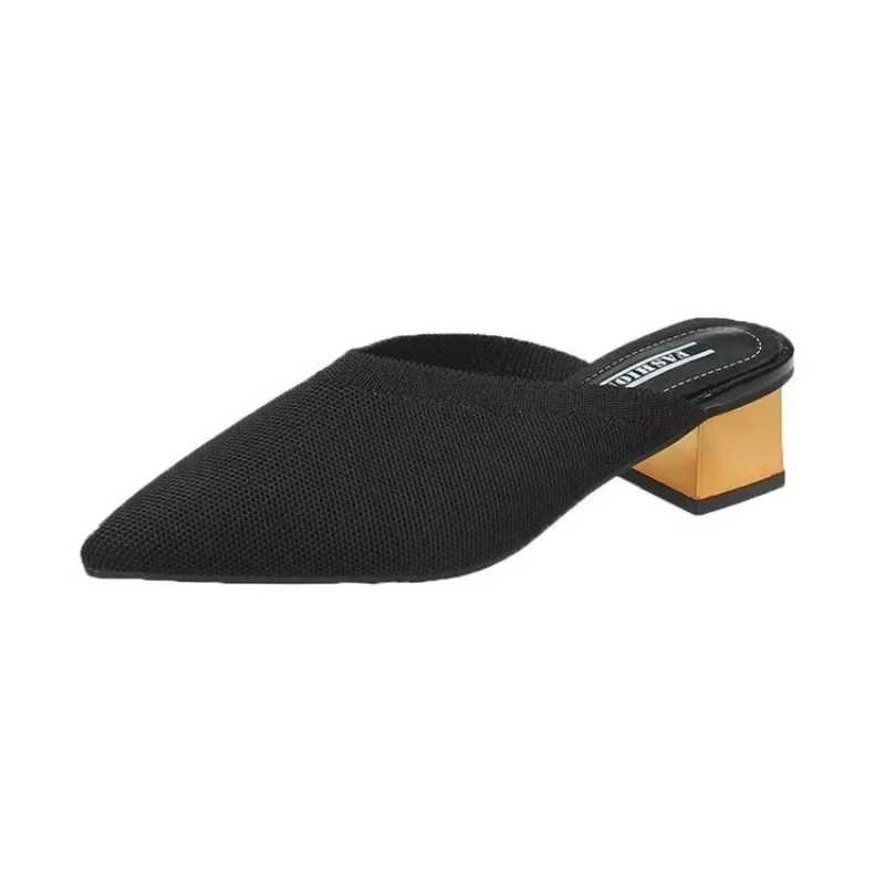 Baotou Semi-slippers Women\'s Spring and Summer New Pointed-toe Breathable Lazy Mid-heel Sandals