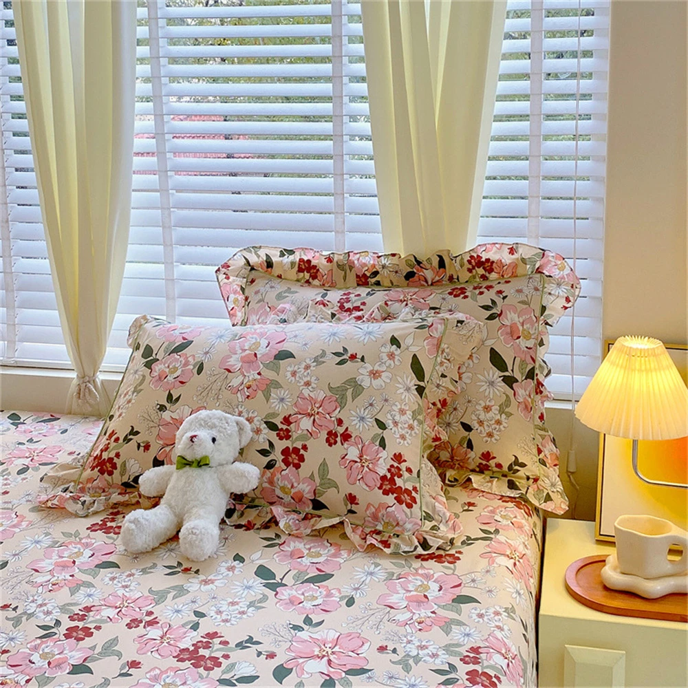 100% Cotton Pillowcase Flower Printed A Pair of Pillowcases Korean Pillow Cover with Ruffles Soft Comforter 48*74cm Pillowcase ﻿