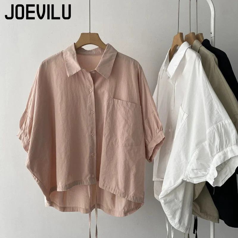 

JOEVILU Ladies Bat Sleeve Summer Shirt Loose Short Sleeve Top Fashion Boho Cardigan Breathable Button Down Blouse Blouse Shirts