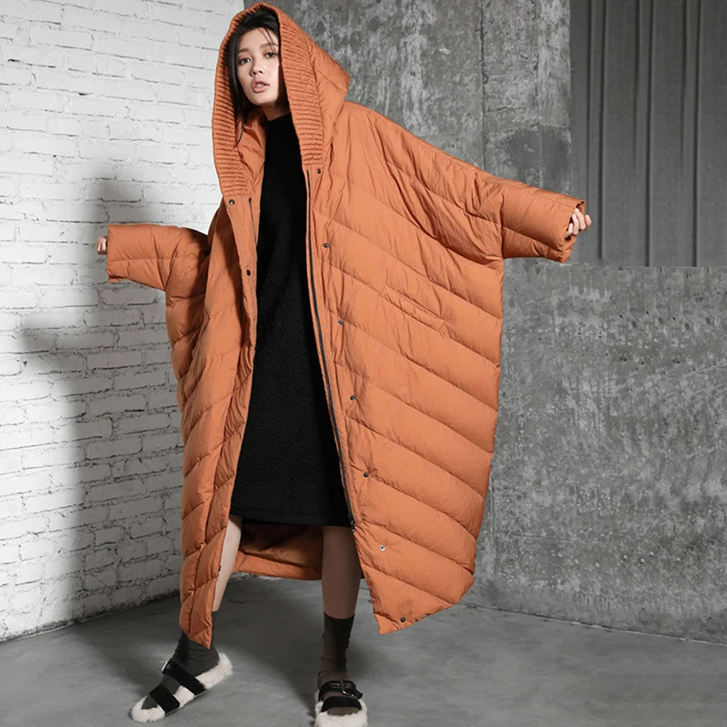 Winter Oversized Long Hooded Cold Proof Down Jacket Women White Duck Down Knee Length Outwears Female Warm Zipper Parker Jacket