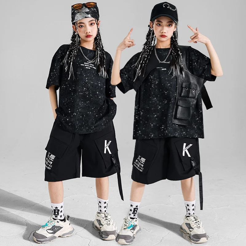 Cool Street Dance Suit Kids Black Top T-Shirt Hip Hop Shorts Girls Stage Costume Jazz Performance Outfit Fashion Streetwear 1968