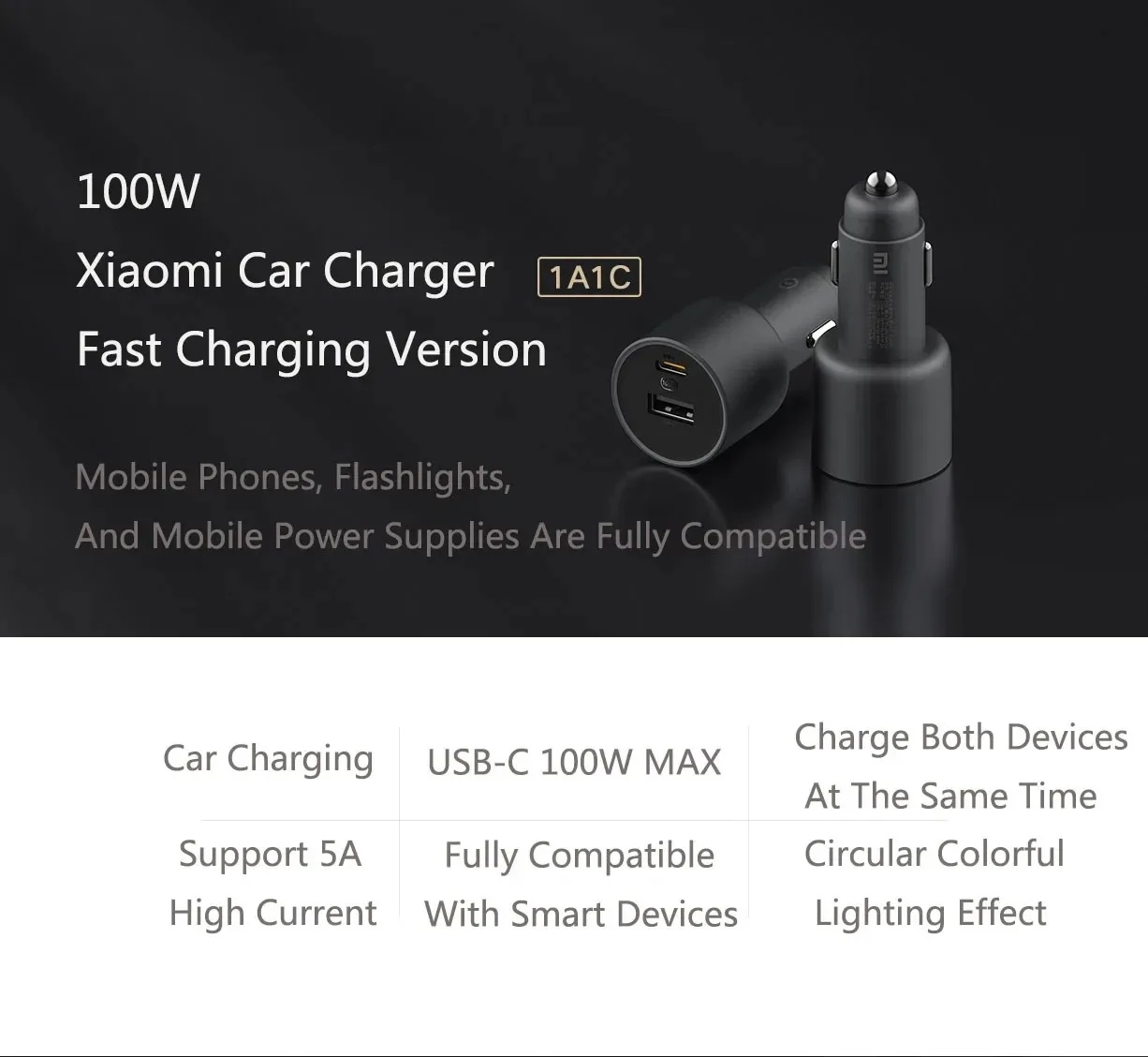 Neues Xiaomi Autoladegerät 100W MAX 1A1C, Schnellladung Dual-Port USB-A USB-C Smart Device Voll Kompatibel Mit Lichteffekt-Anzeige – Detail 3