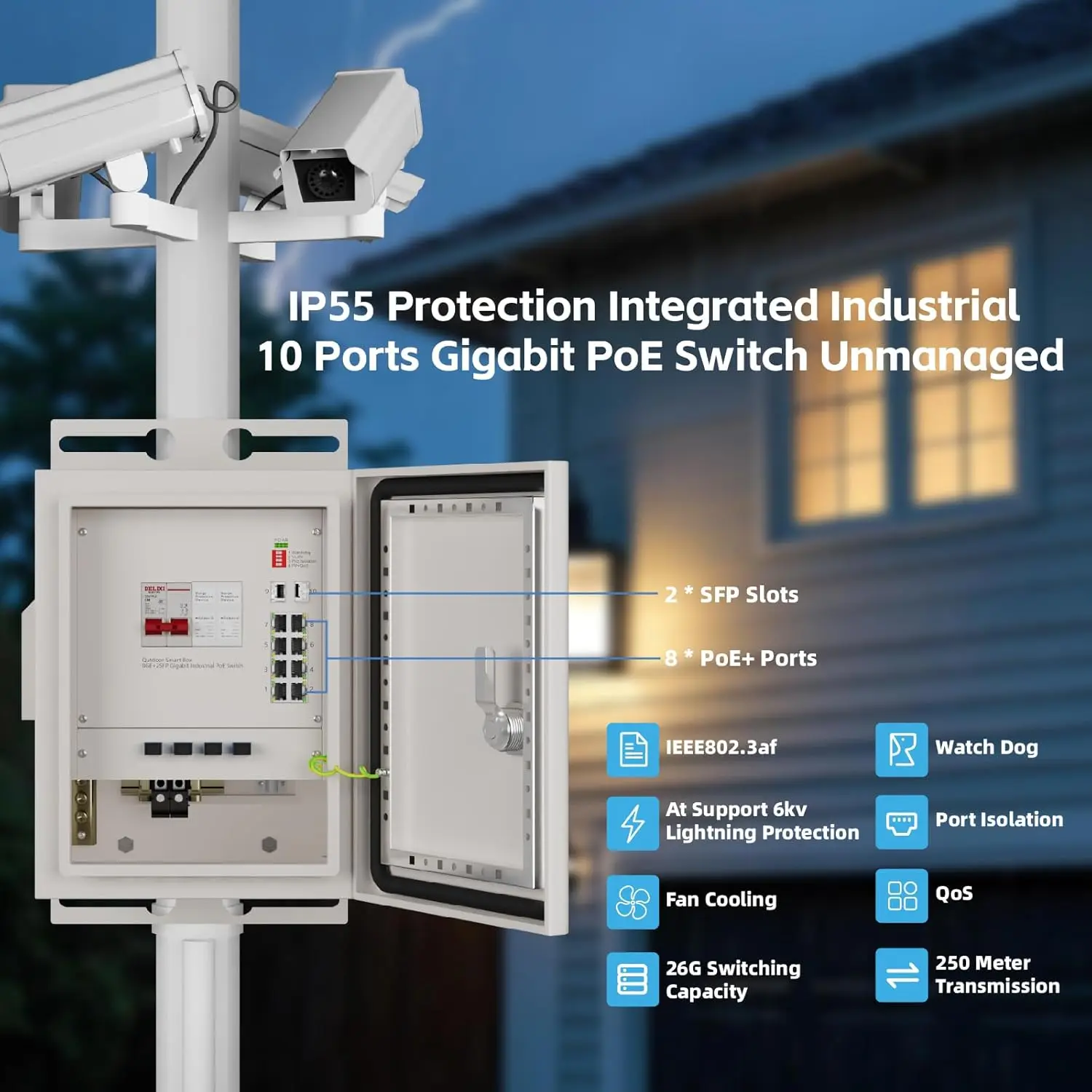 KeepLiNK Outdoor Smart Network Box 8-Port Gigabit PoE Switch Unmanaged 2 SFP Slots 300W Power Supply  Fiber Optic Equipment view 2