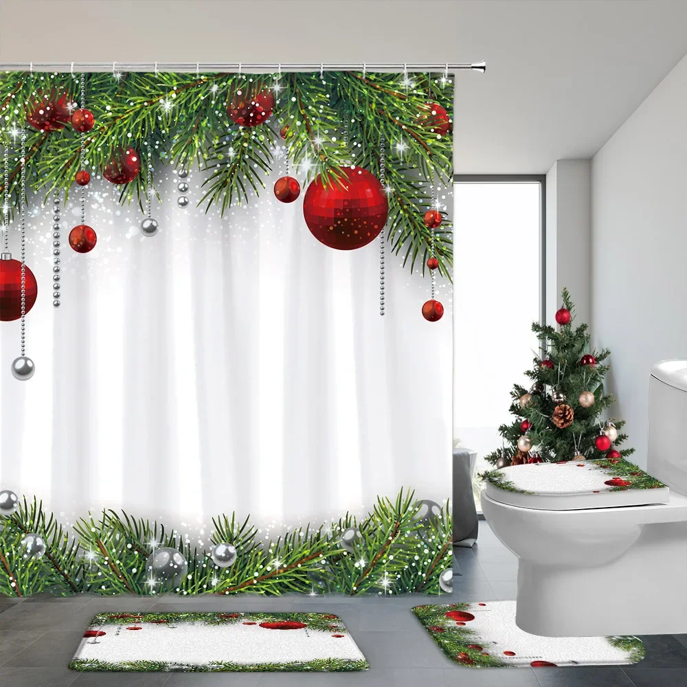4 Pcs Set Tirai Mandi dan Karpet Kamar Mandi Natal Snowman Hadiah Natal Tirai Mandi Poliester Cedar Keset Kamar Mandi Dekorasi Kamar Mandi
