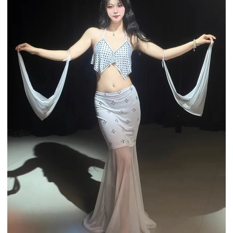 Customized Belly Dance Costumes White Performance Set Performance Outfit Sexy Temperament Fishtail Skirt Waist Chain