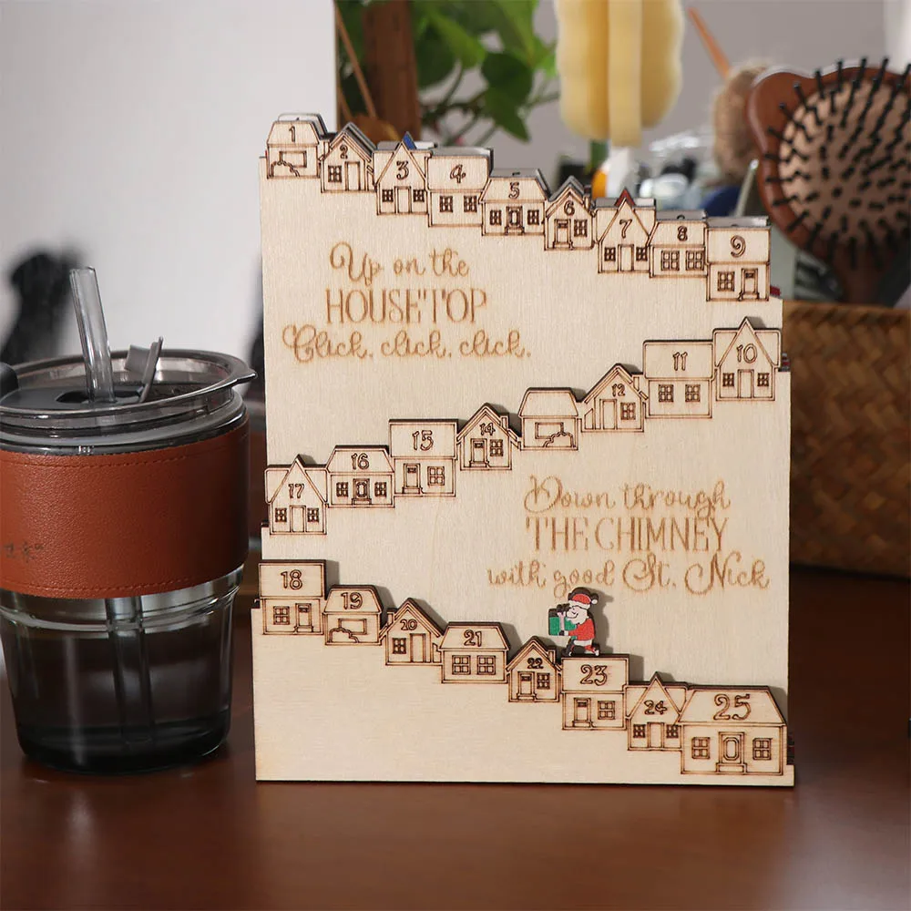 

Castle Shaped Christmas Advent Calendar Wood Three-dimensional Christmas Countdown Calendar with Santa Claus Desktop Ornaments