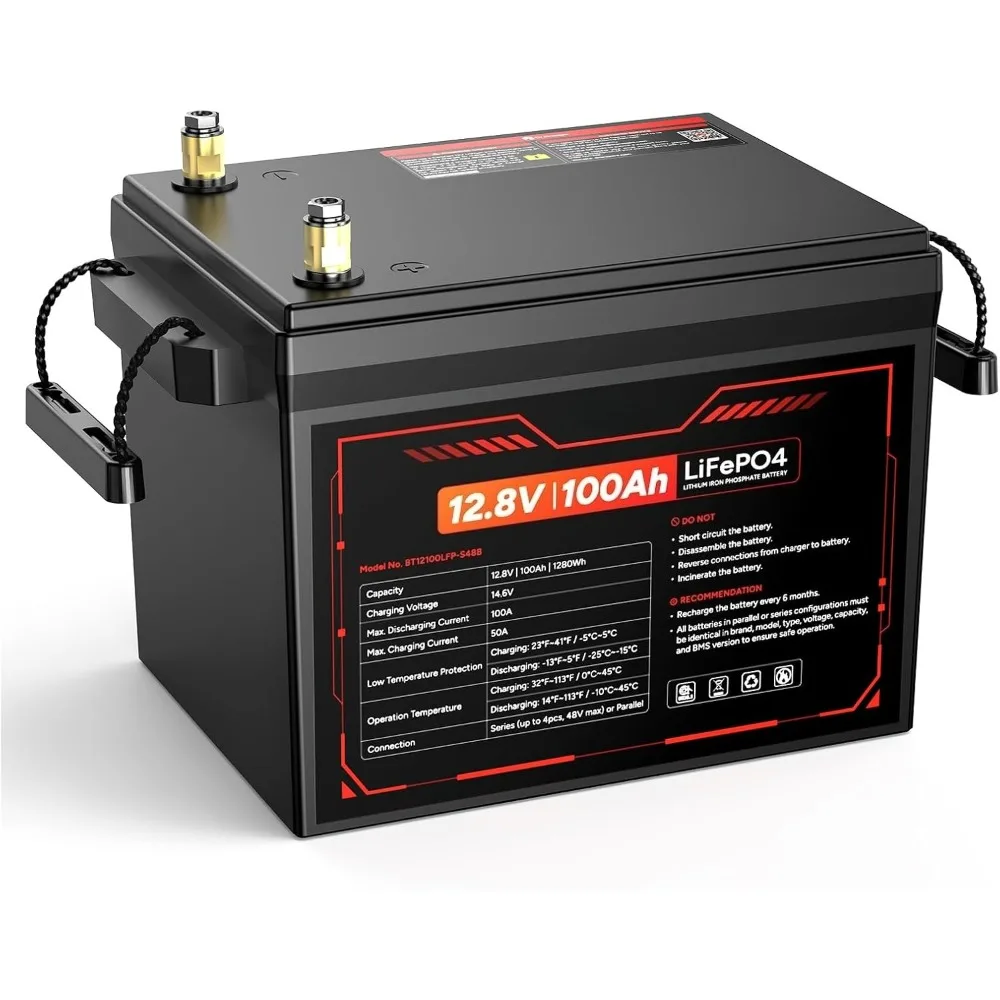 

12V 100Ah LiFePO4 Battery, 1280Wh Deep Cycle Lithium Iron Phosphate Battery with 100A BMS, Low & High Temp Protection