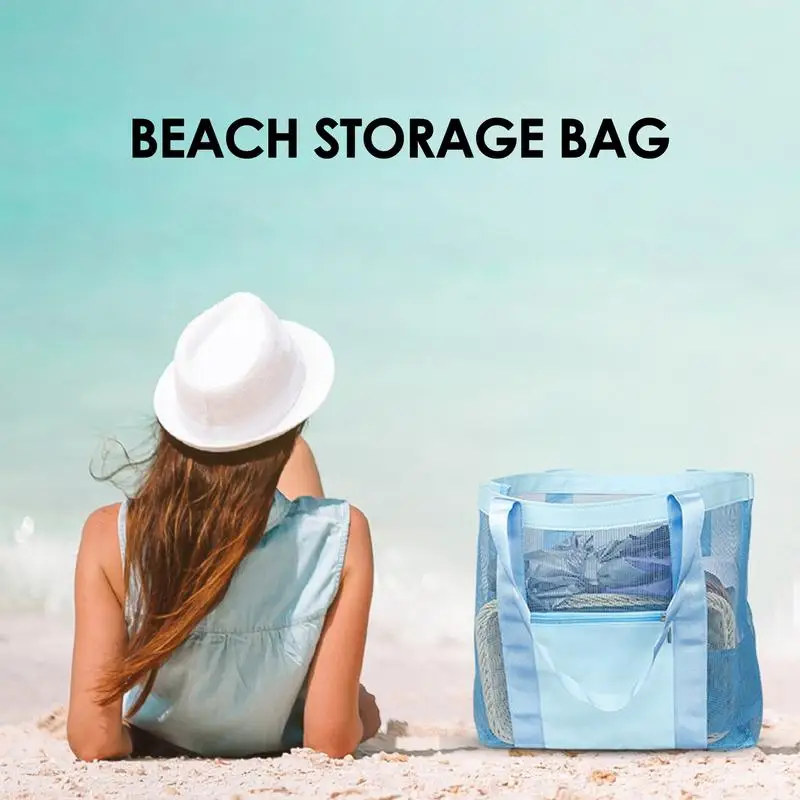 Mesh Tote Bag For Beach Sandproof Large Beach Tote Foldable Mesh Beach Bags Shoulder Bag For Women Lightweight Swimming Pool Bag