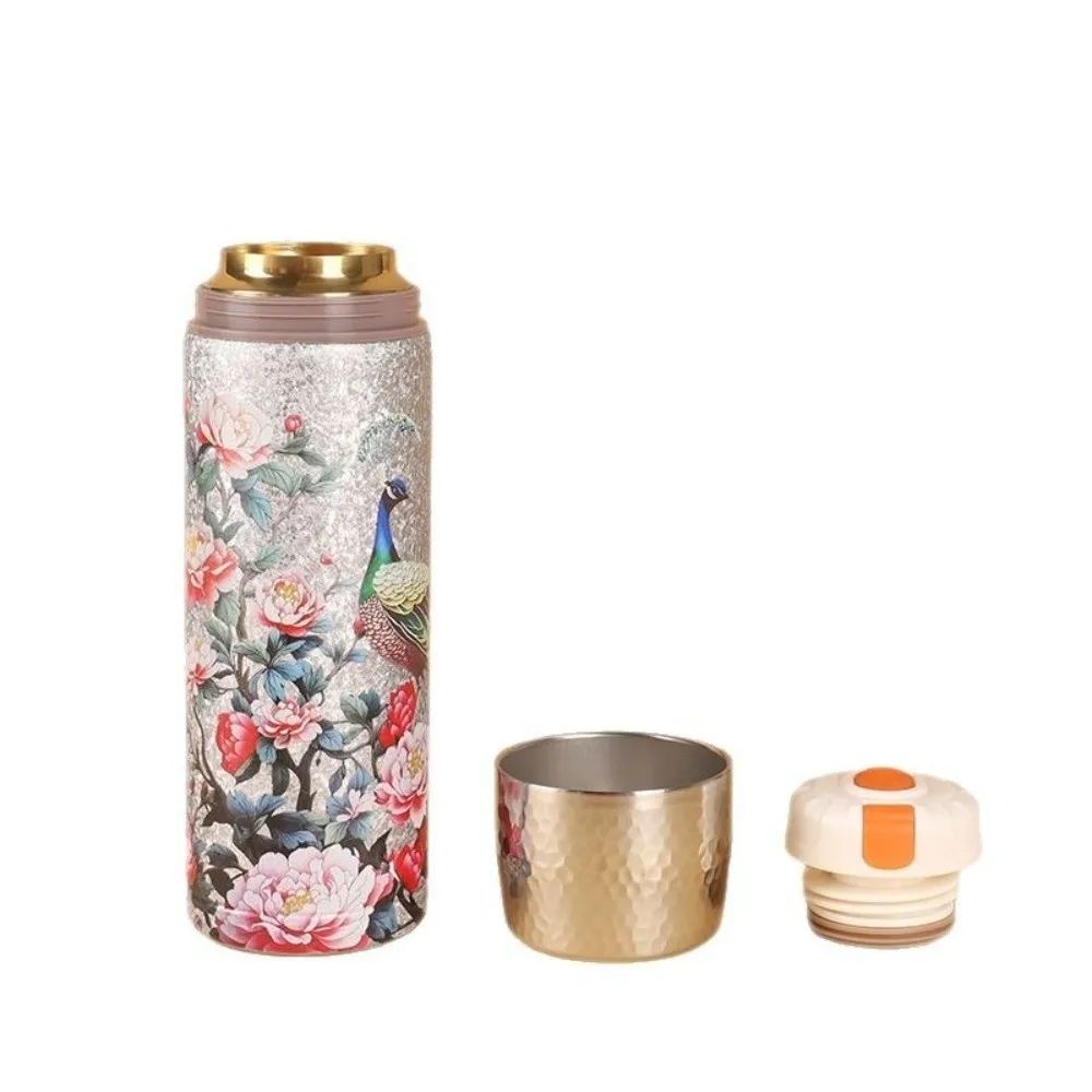 

Stylish 500ml Vacuum Flasks Tea Separation Peony Titanium Coated Thermos Cup Titanium Coated Peacock Water Bottle Hot/Cold