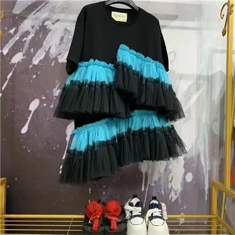 New Design 2023 Spring Summer Women Short Sleeve T-shirt Loose Oversize Top Patchwork Mesh Ruffles Mid-long Tee Dresses Casual