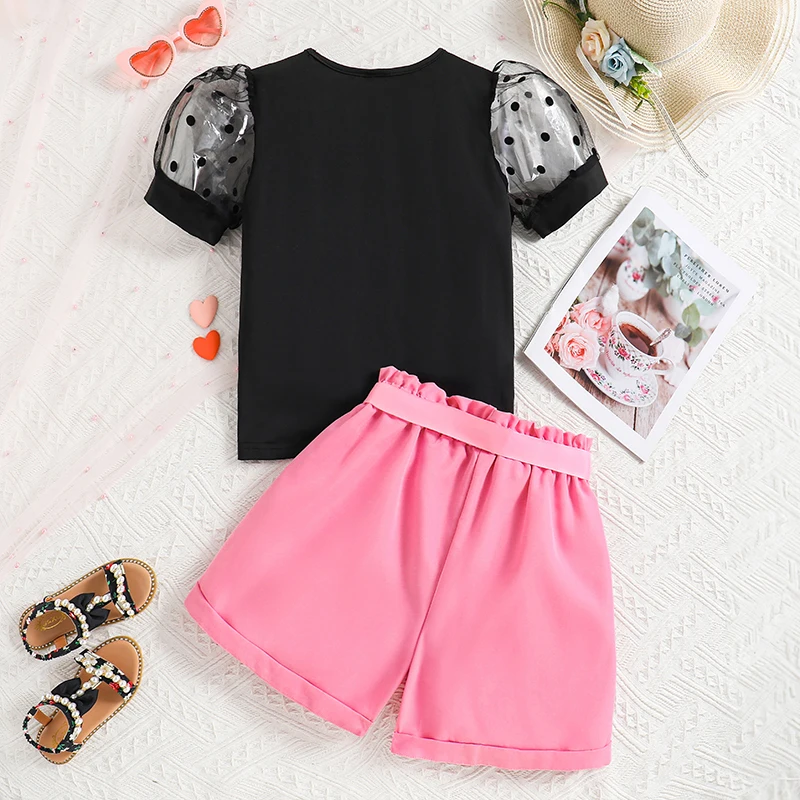 Girls Sets Black Short-Sleeved Doodle Puffy Sleeve Top & Pink Shorts Fashionable Children 2PCS 8-12 Years Kids Causal Outfits