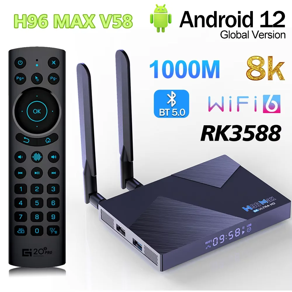 H96 MAX V58 Smart TV Box Android 12 RK3588 Octa Core 6TOPS NPU 8k 4k WIFI6 BT5.0 8GB 64GB 1000M Ethernet Google Voice Assistant