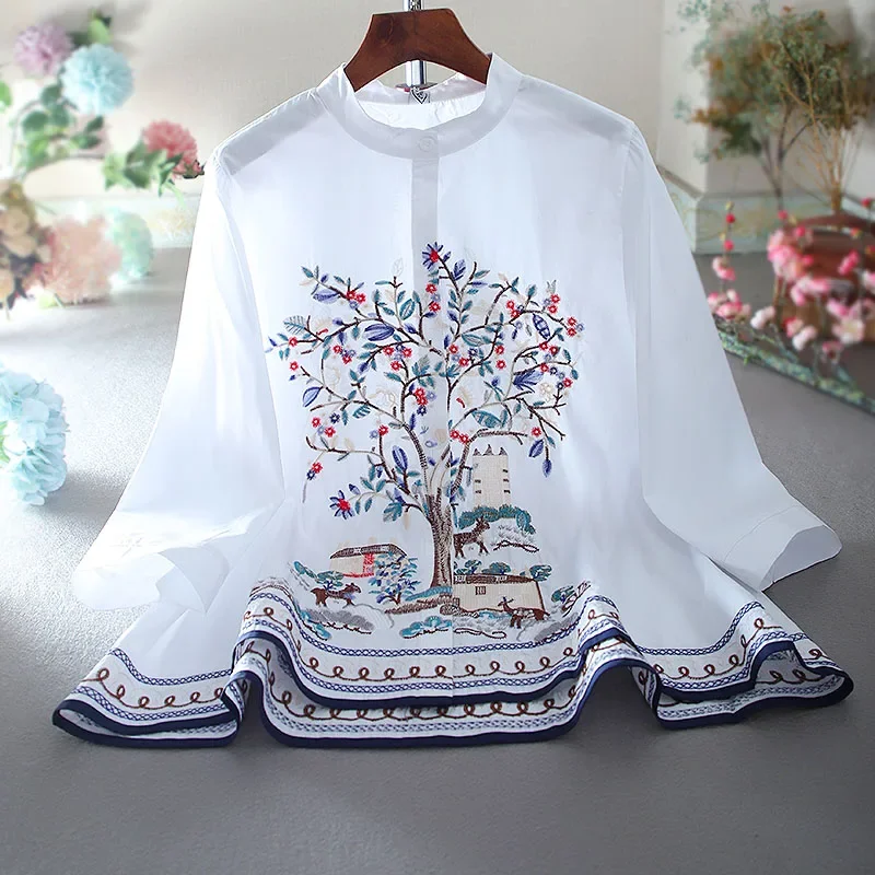 

SuperAen 2023 Korea New Design Oversized Loose Stand Collar Show Thin A-line Embroidery Original Baby Shirt Ruffle Shirt Blouse