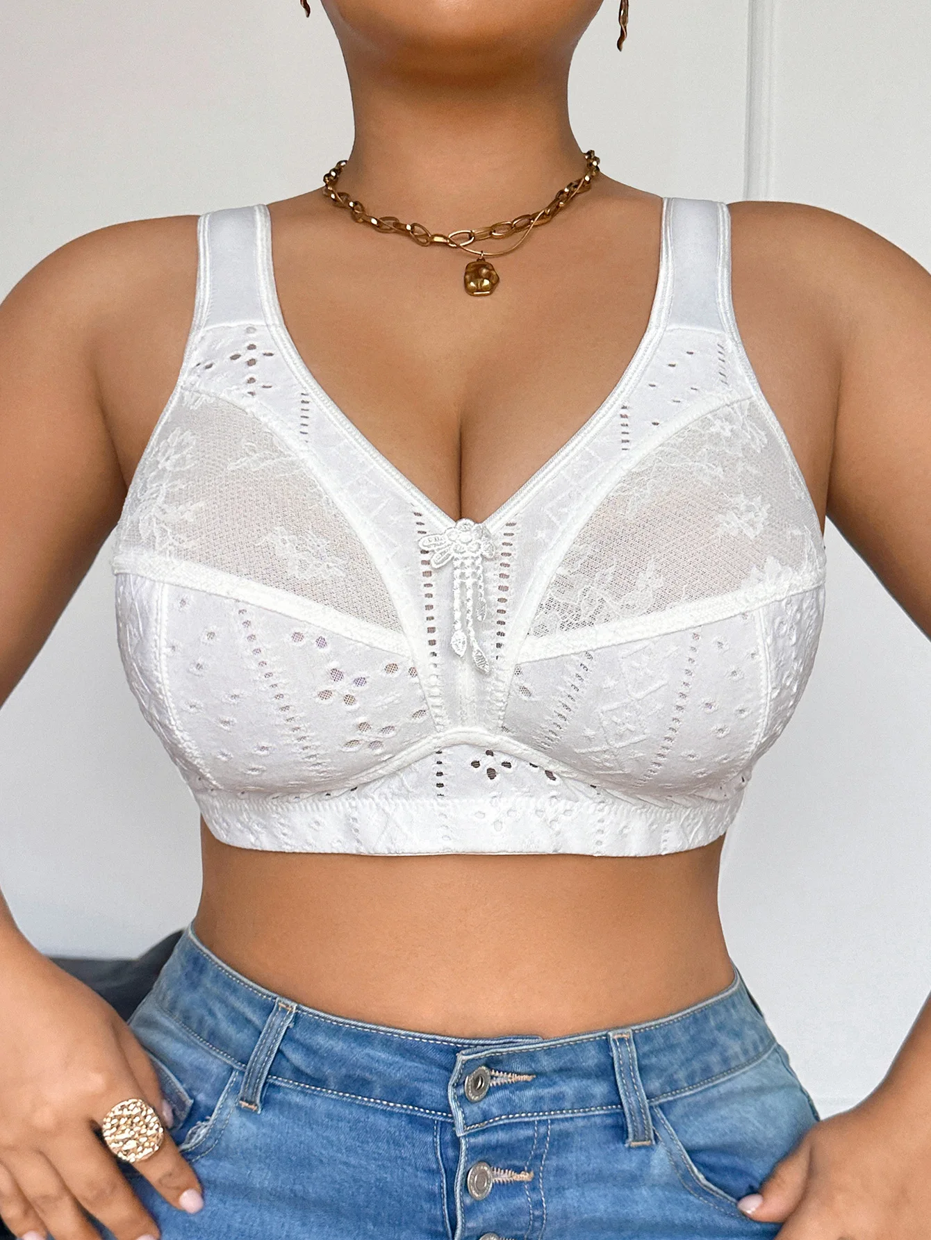 plus Size Push up Bra Wire-Free Breathable Mesh No Sponge Semi-Sheer Mesh Splicing Comfortable Underwear for Women