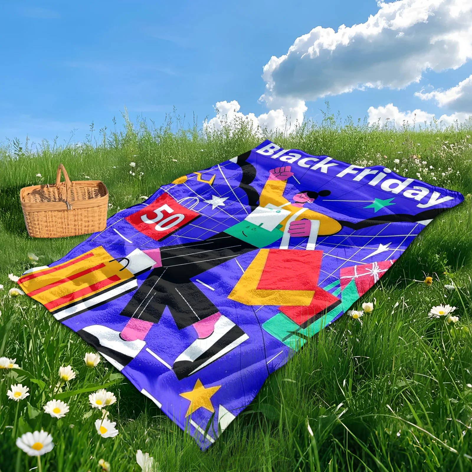 Cartoon Character With Shopping Bag Design Outdoor Blanket For Camping Picnic And Nature Adventures