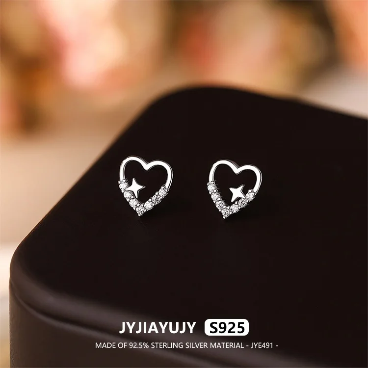

JYJIAYUJY 100% Whole Original Sterling Silver S925 Stud Earrings Hollow Heart Four-pointed Star Jewelry Gift Daily JYE491