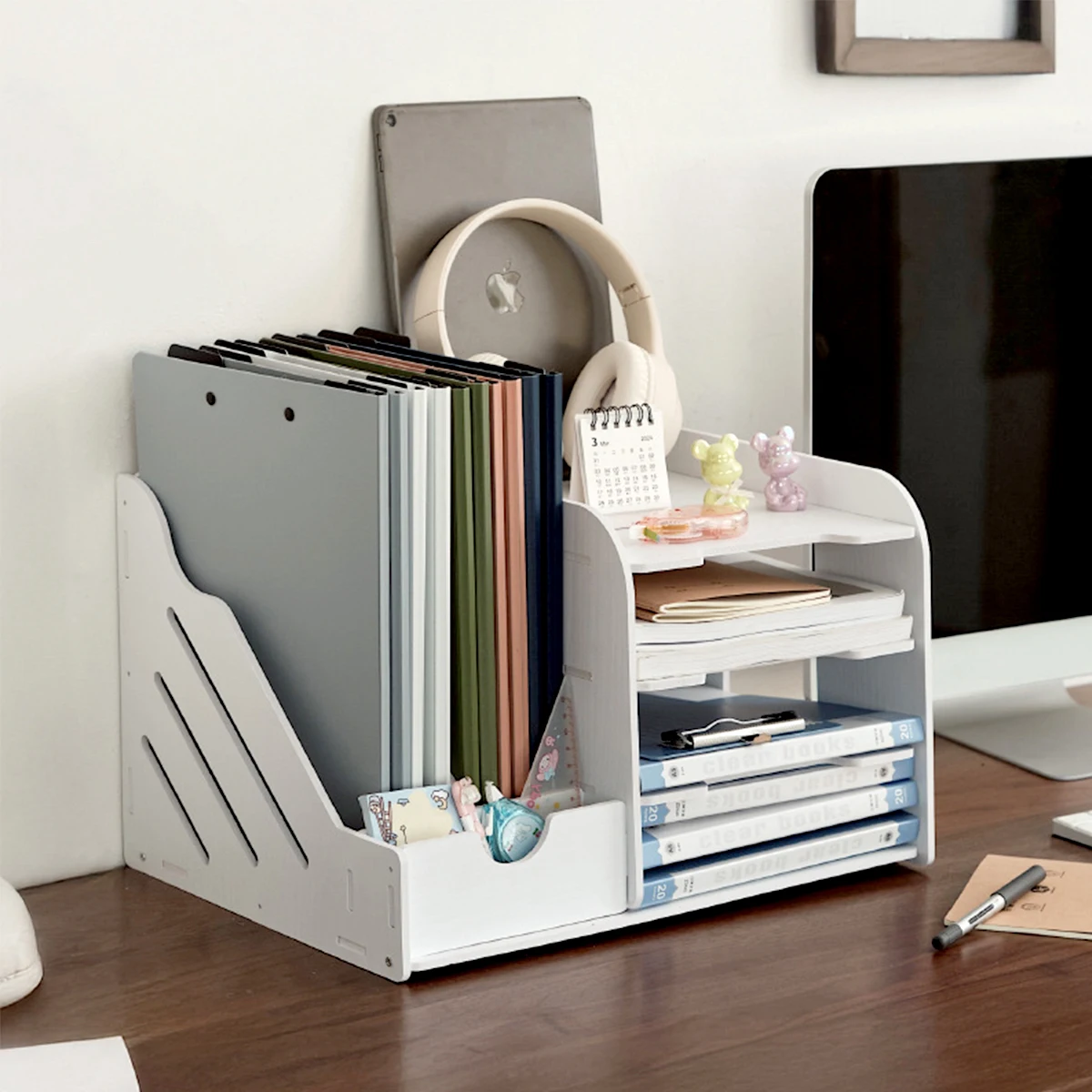 

White Desk File Organizer with Pen Holder, Multi-tier Document Storage for Office & School
