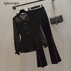 Large Style Slim Spring and Autumn Wear New 2024 Large Fashion Lace Splice Shirt Micro Flared Pants Two Piece Set for Woman