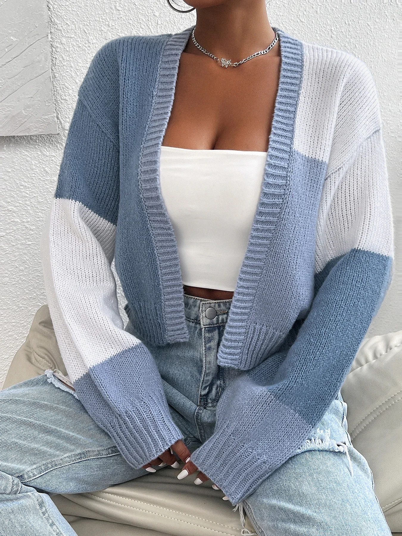 

New color blocked off shoulder knitted sweater cardigan