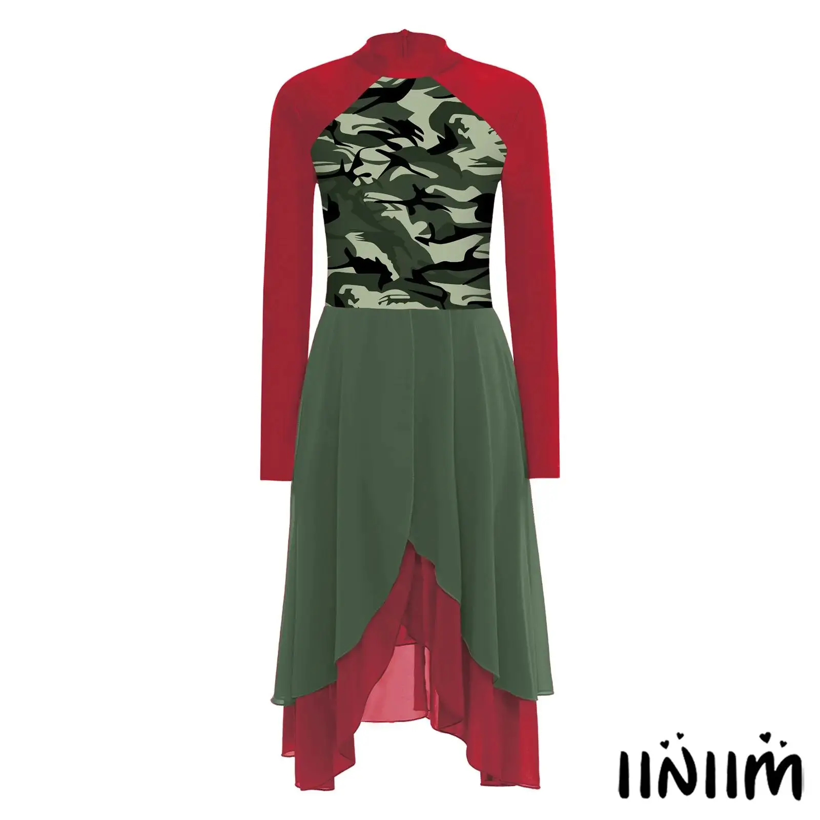 

Womens Church Worship Dancewear Chest Print Design Long Sleeve Color Block Irregular Tiered Chiffon Hem Dress for Praise Dance