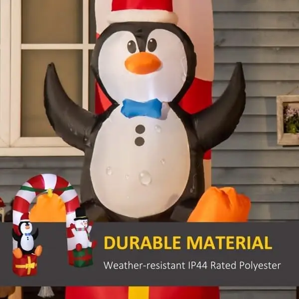 9.8ft Kerst Opblaasbare Boog Outdoor Decoraties Verlichte Snoep Riet Boog met Pinguïn Sneeuwpop Zitten op Geschenkdoos