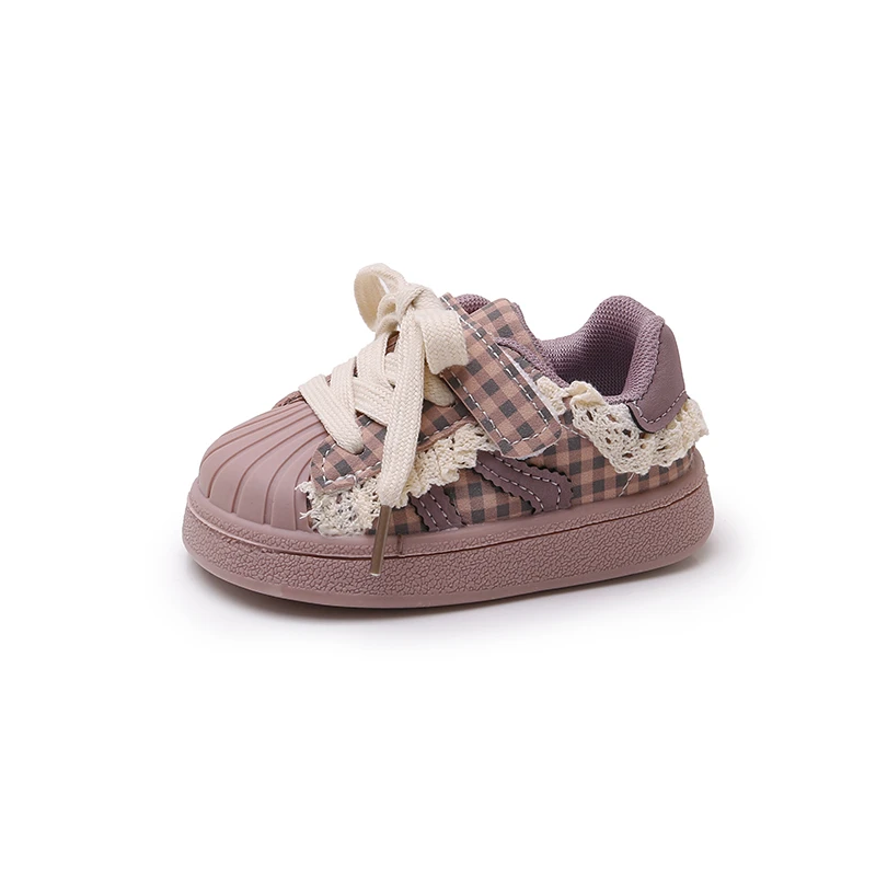 Toddler Girls Plaid Lace Trim Shell Toe Sneakers Girls Lace Plaid Shell Toe Non Slip Sneakers Shoes Anti-collision Shell Toe Cap