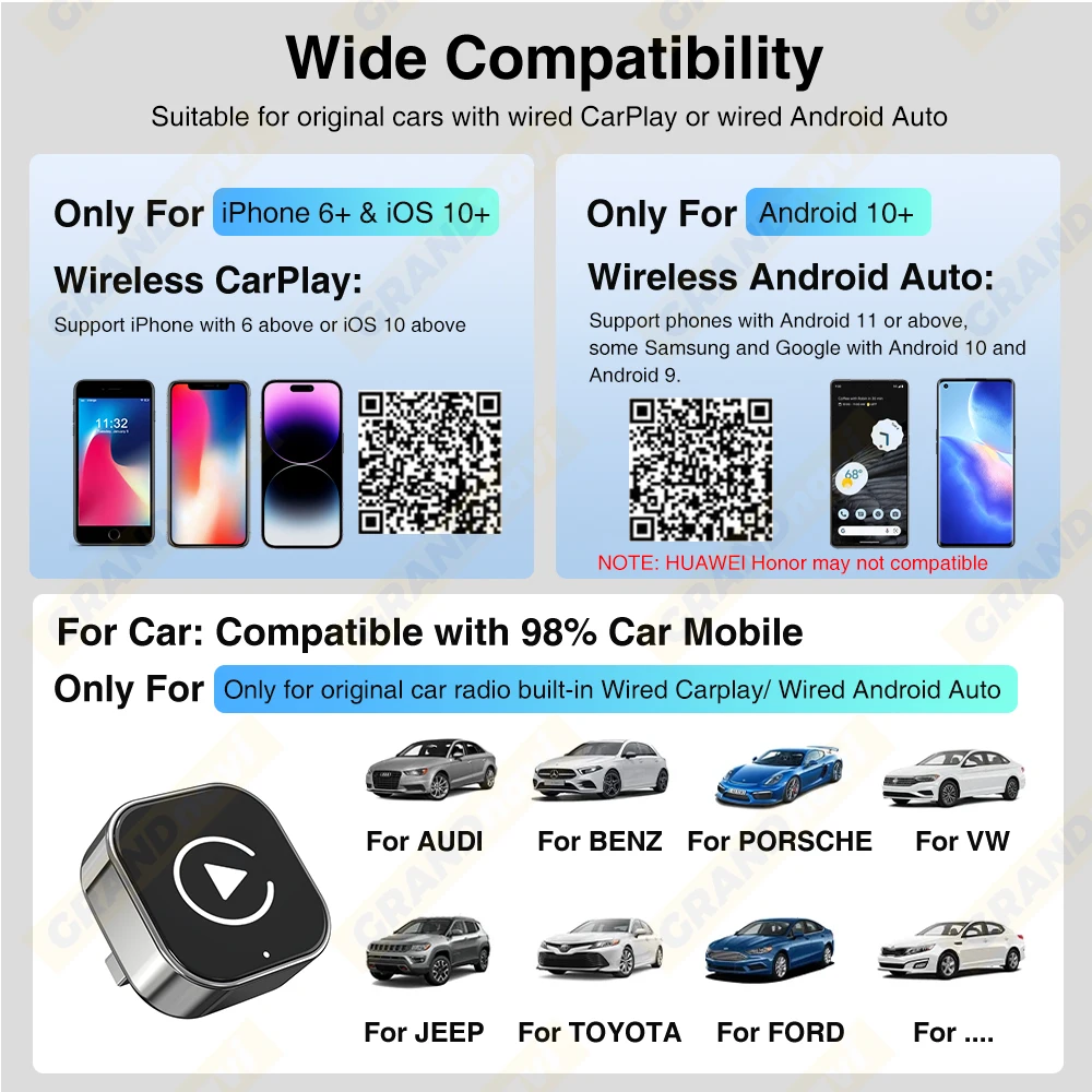 2-in-1 kabelloses CarPlay- und Android-Auto-System, neuer intelligenter Adapter, einfache Plug-and-Play-Installation, stabile Bluetooth- und WLAN-Verbindung, OTA-Software-Updates, passend für 99 % aller Fahrzeuge. – Detail 11