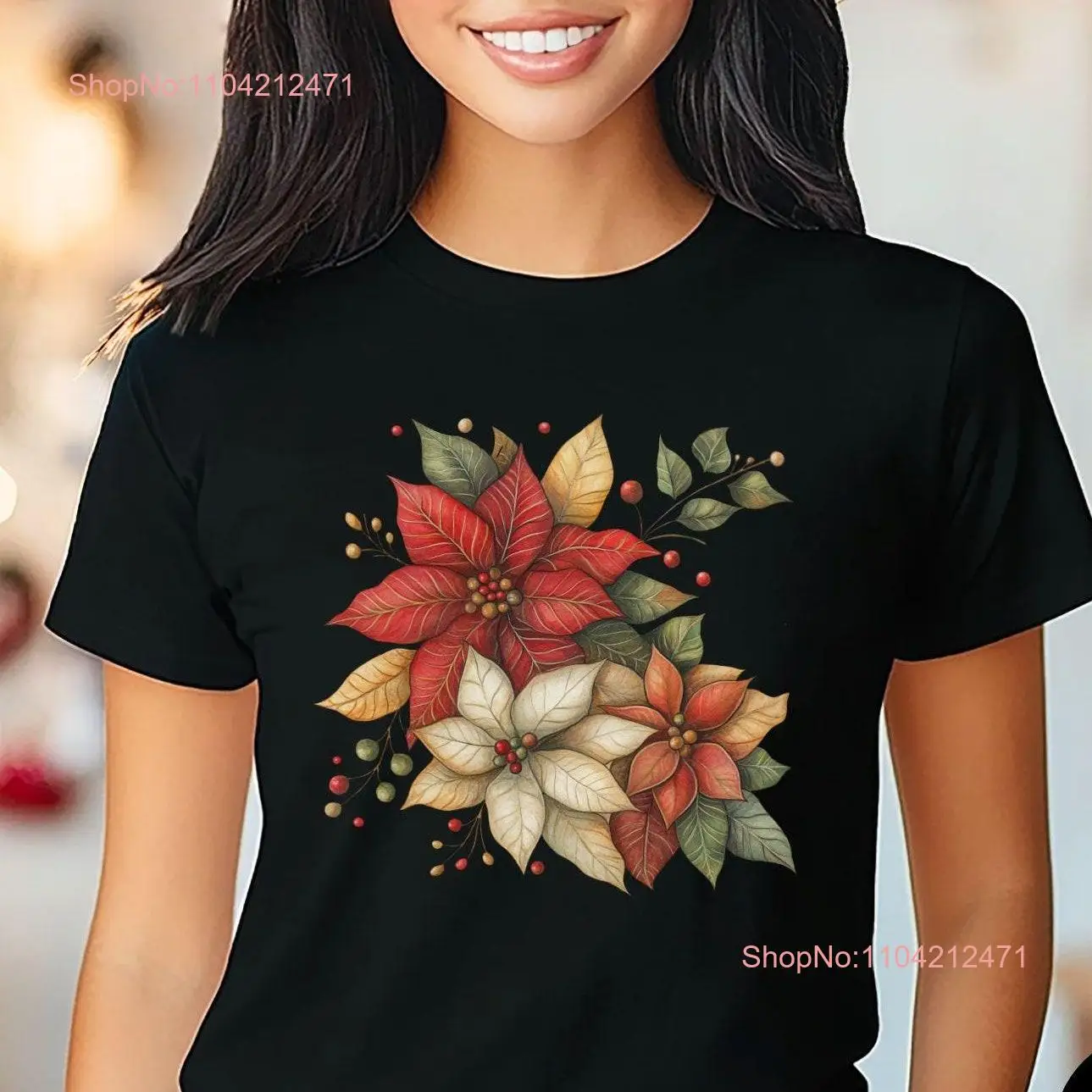 Womens Christmas Poinsettia T shirt Holiday For Mom Her Boho long or short sleeves