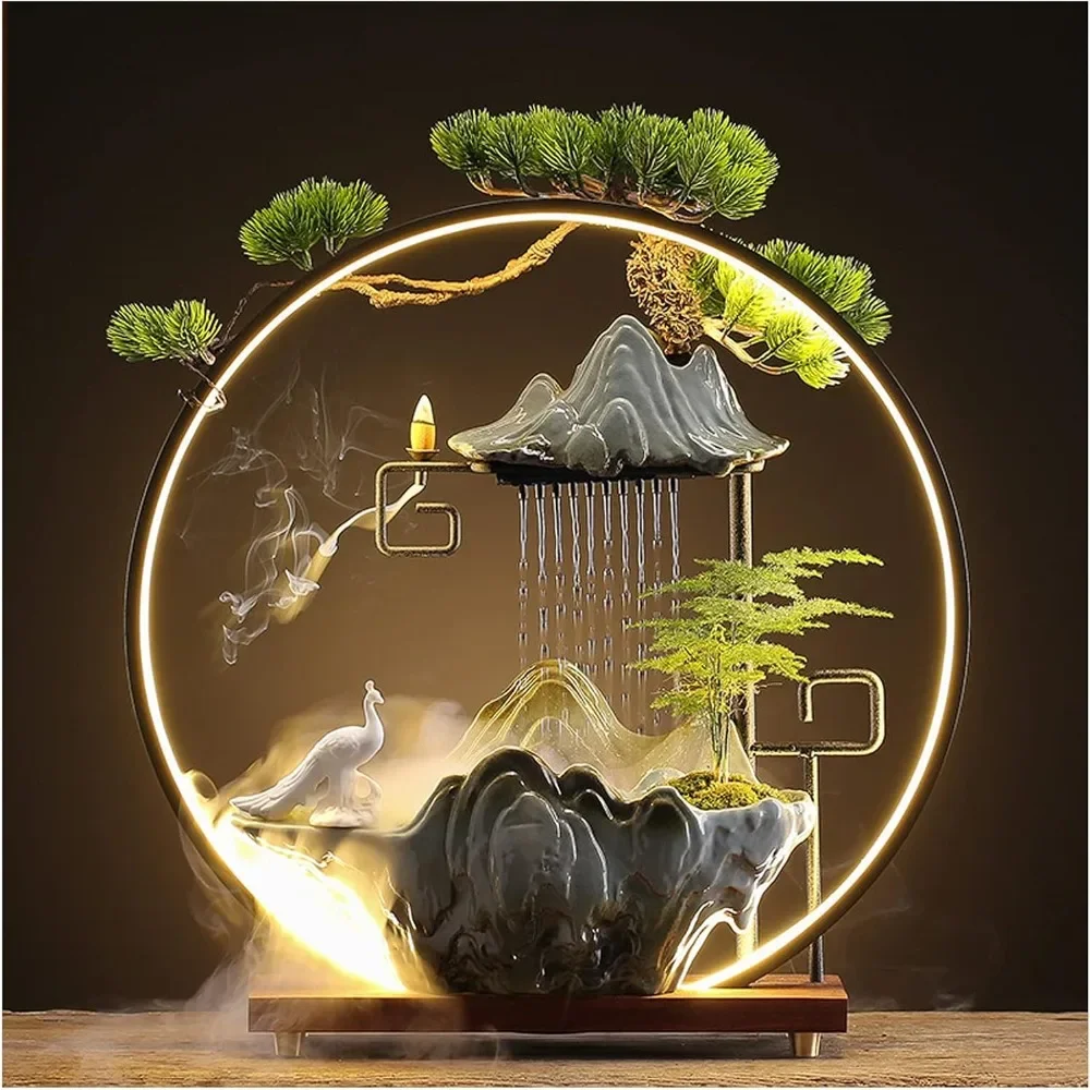 

Peacock Tabletop Water Fountains Indoor Waterfall with LED Light Zen Decor for Meditation with Mist Japanese Decor