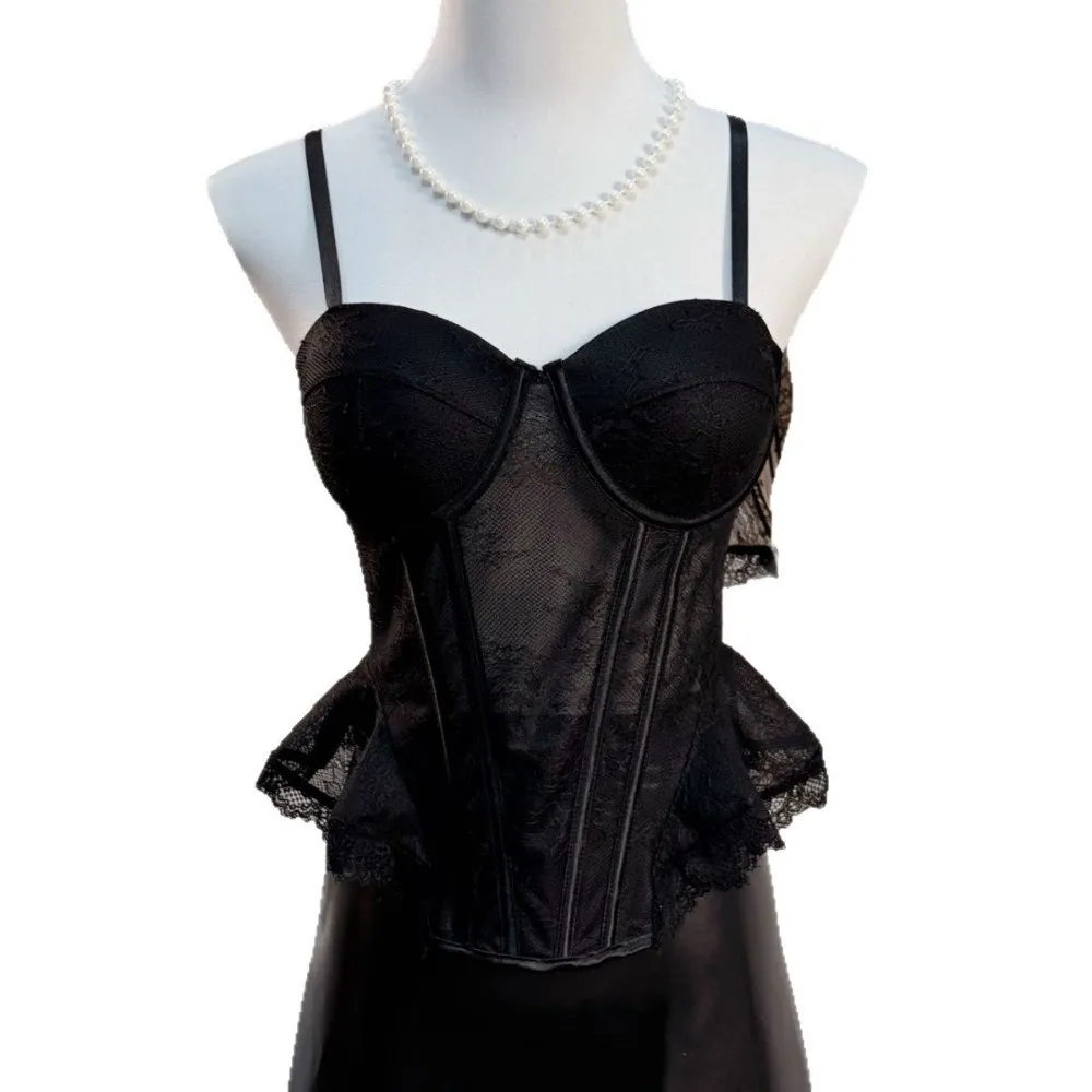Tanktop aus Mesh-Spitze, transparentes, ärmelloses Crop-Top, Fischgrätenmuster, figurbetontes Spitzenkorsett für Damen – Detail 7