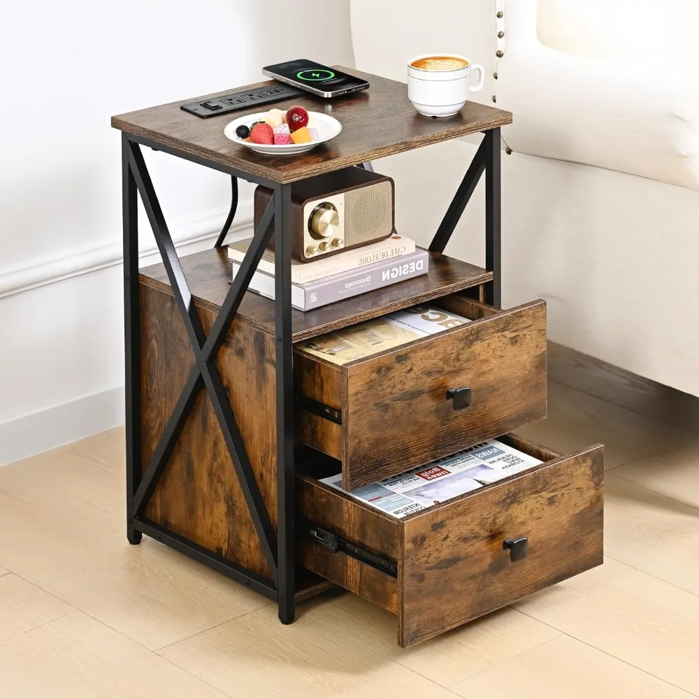 Nightstand Set 2, Night Stand with Wireless Charger, End Table with Storage, Side Table with USB Ports and Outlets, Bedside