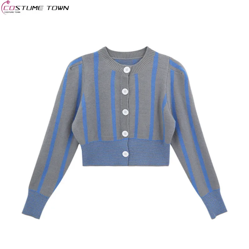 

Autumn new fashion striped bubble sleeve knitted sweater retro short style color blocked top