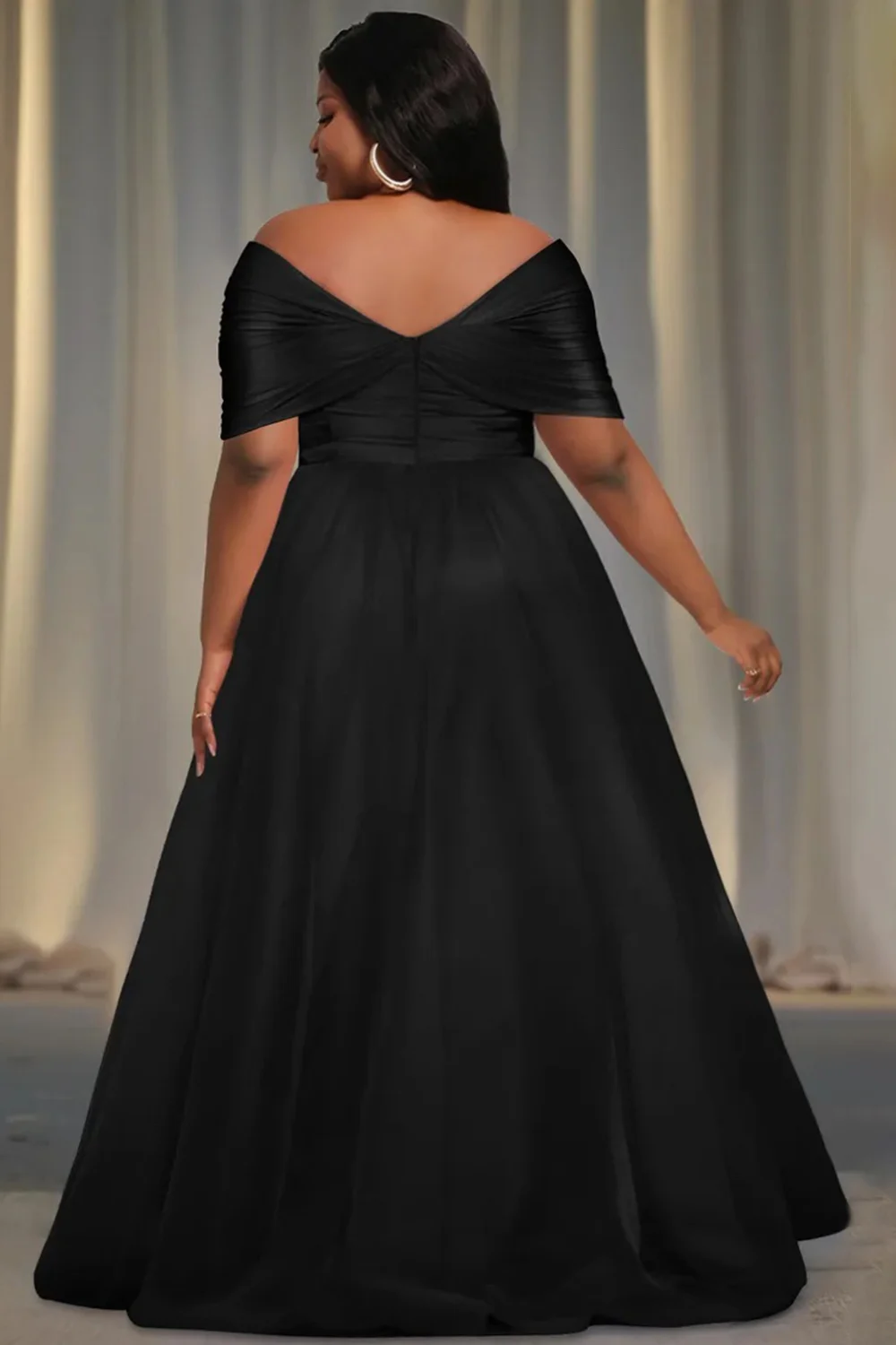 Plus Size Prom Black Off The Shoulder Cap Sleeve Split Tulle Maxi Dresses