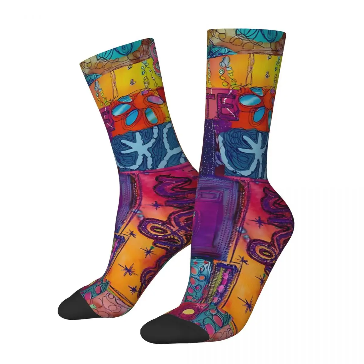 Quilted Art Panel Men's Socks Vintage Harajuku Street Style Novelty Pattern Crew Sock