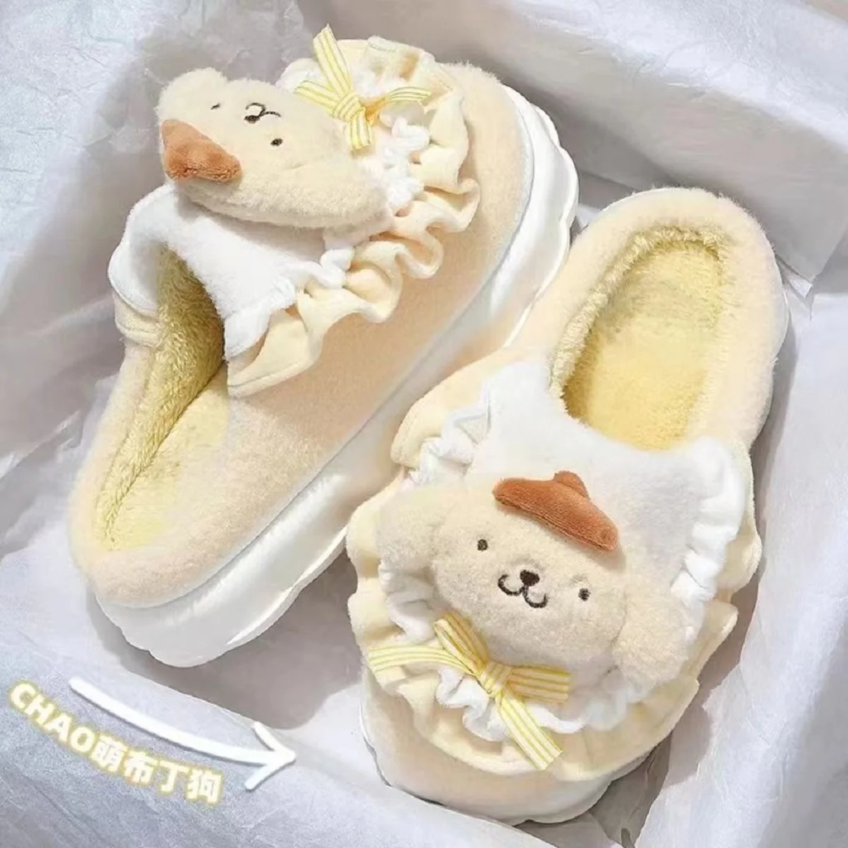 Sanrio Warm Cotton Slippers Kawaii Hello Kitty My Melody Kuromi Cinnamoroll Autumn and Winter Soft Shoes Holiday Gifts for Girls