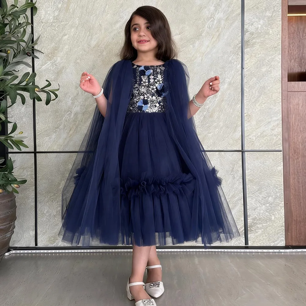 

Темно-синее платье принцессы, пышные платья с цветочным узором для девочек, тюлевое платье для девочек, кружевное платье трапециевидного силуэта на день рождения, красивые милые детские платья