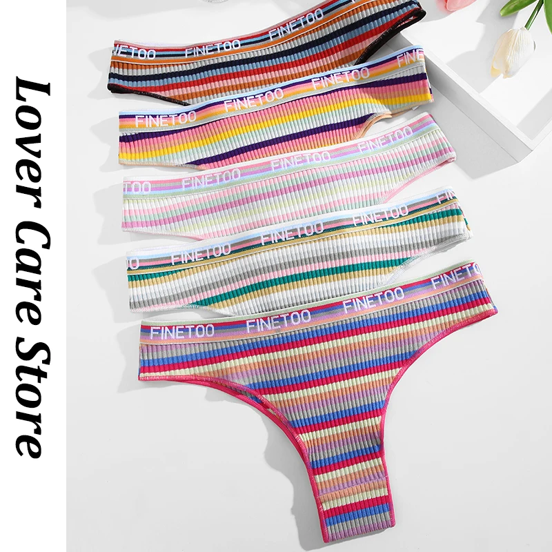 FINETOO Women Cotton Brazilian Panties Sexy Low-Rise Striped Colorful Underwear Female Bikini Intimate Soft Lady Lingerie S-XL