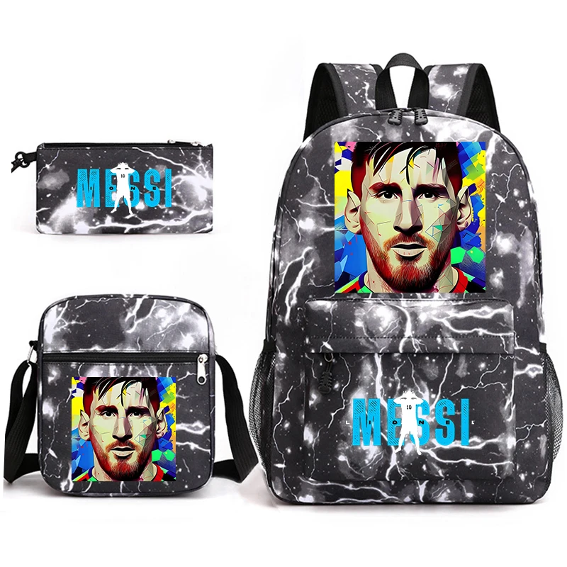 

messi printed ren's backpack set student school bag shoulder bag pencil case 3-piece set suitable for boys and girls