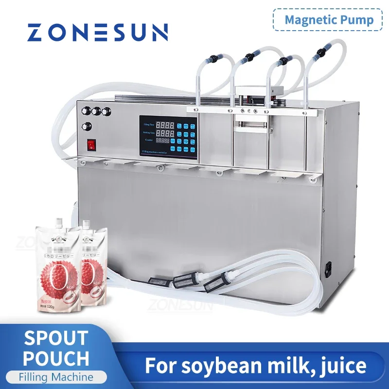 

ZONESUN Electric Liquid Filling Machine Semi-auto 4-Head Magnetic Pump Liquid Filler for Spout Pouch Bag Beverage Juice ZS-MPSP4