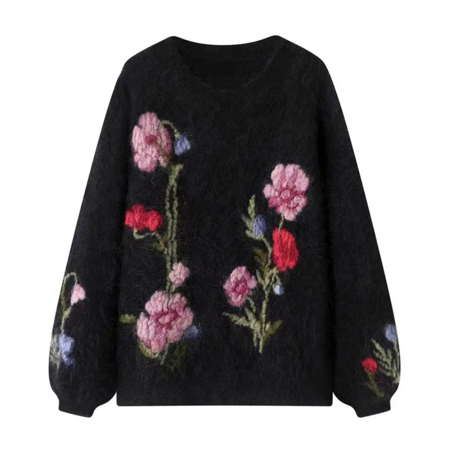 

Осень-зима 2022, новый модный мягкий и милый цветочный вышивка с круглым вырезом, высококачественный вязаный свитер для женщин