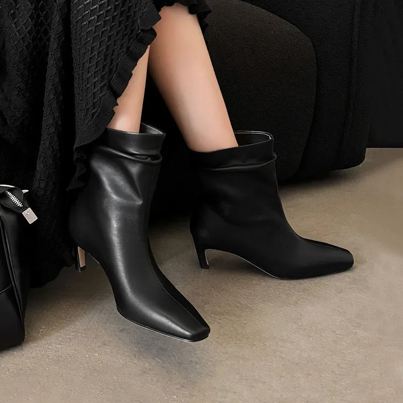 Brown Elegant Ankle Short Boots Square Toe Low Kitten Heels Solid Consise Pleated Slip-on Autum Winter Women Shoes Large Size