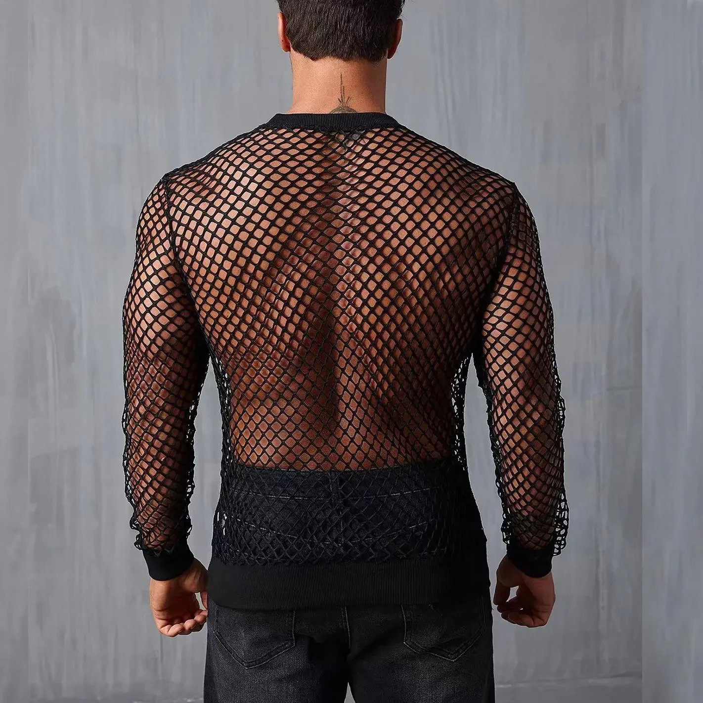 Men Black Mesh Slim T-shirts Summer Male O-Neck Long Sleeve Fishnet Mesh Hollow Out Breathable Bottoming Tops XBKJ-T101505