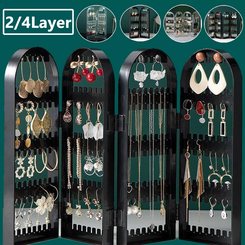 4 Doors Foldable Screen Clear Earrings Studs Display Rack Necklace Hanging Jewelry Shelf Stand Holder Organizer Storage Box