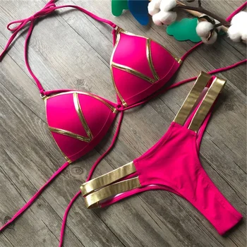 2024 Nieuwe Rode Badmode Push-Up Badpak Vrouwen Biquini Gewatteerd Badpak Goud Stempelen Braziliaanse Bikini Set String Sexy Bikini