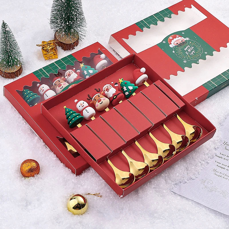 4/6Pcs Christmas Fork And Spoon Set Stainless Steel Creative Tableware Coffee Tea Dessert Forks And Spoons Gift Set-New