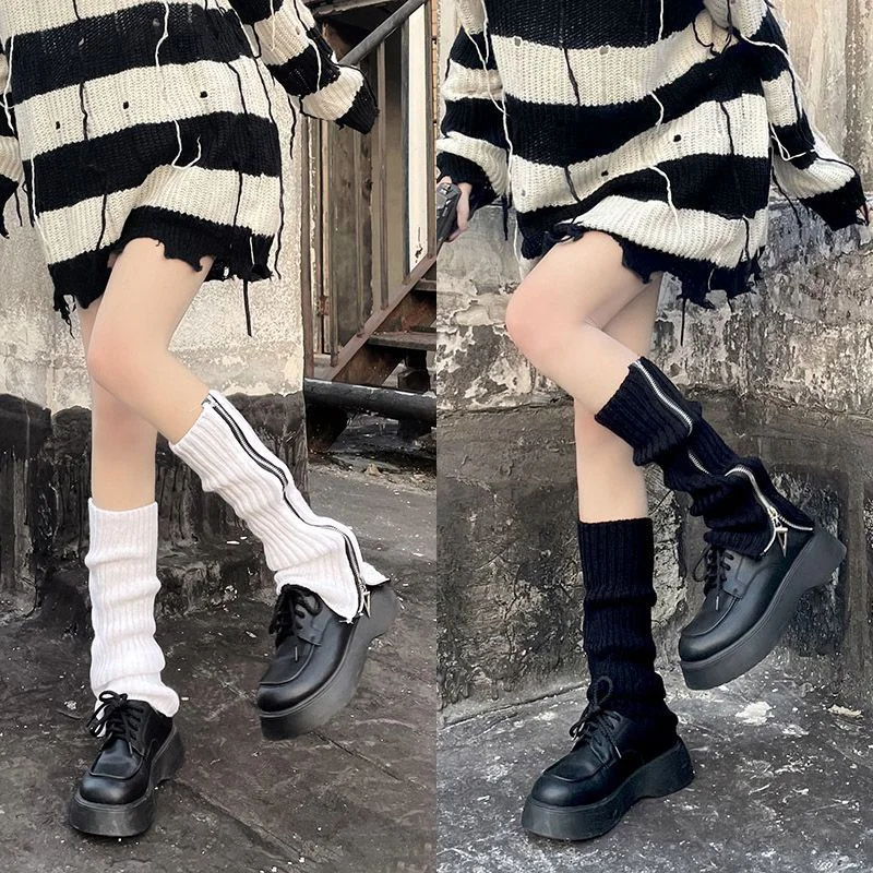 Women Punk Ribbed Knitted Leg Warmers Side Zipper Solid Color Boot Socks Knee High Lolita JK Leg Covers Winter Boot Cuffs Warmer