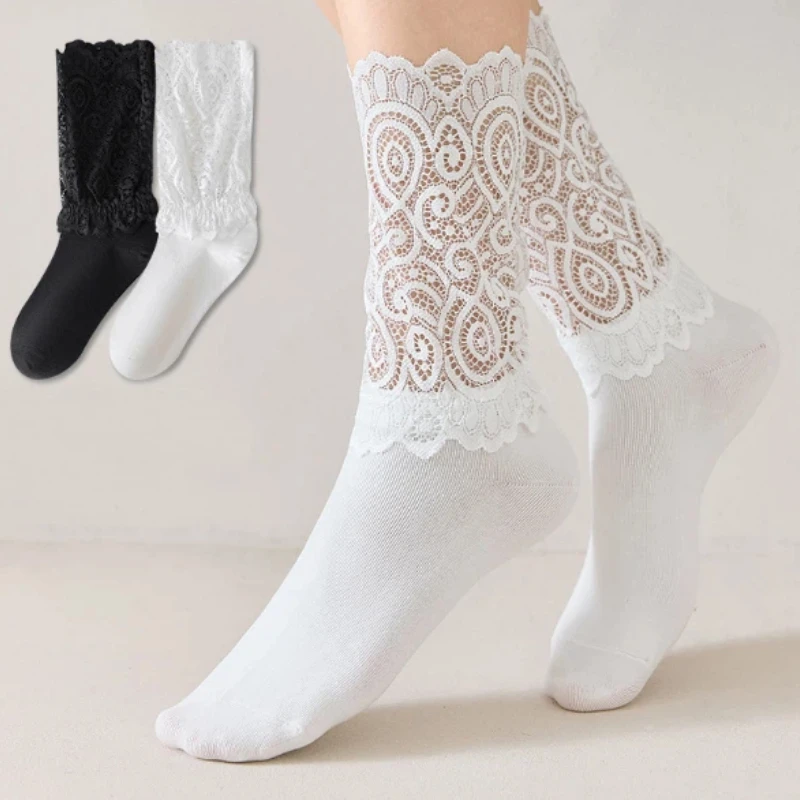 Sexy Spitzen-Blumen-Netzsocken für Damen, Frühling Transparente Kurze Baumwollsocken, Elastische Retro Niedliche Socken für Frauen
