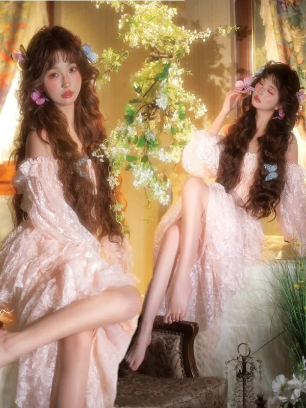 

Fashionable Lace Oil Painting Style Dress Photography Studio New Arrival Retro Atmosphere Portrait Photography Costume Women'...