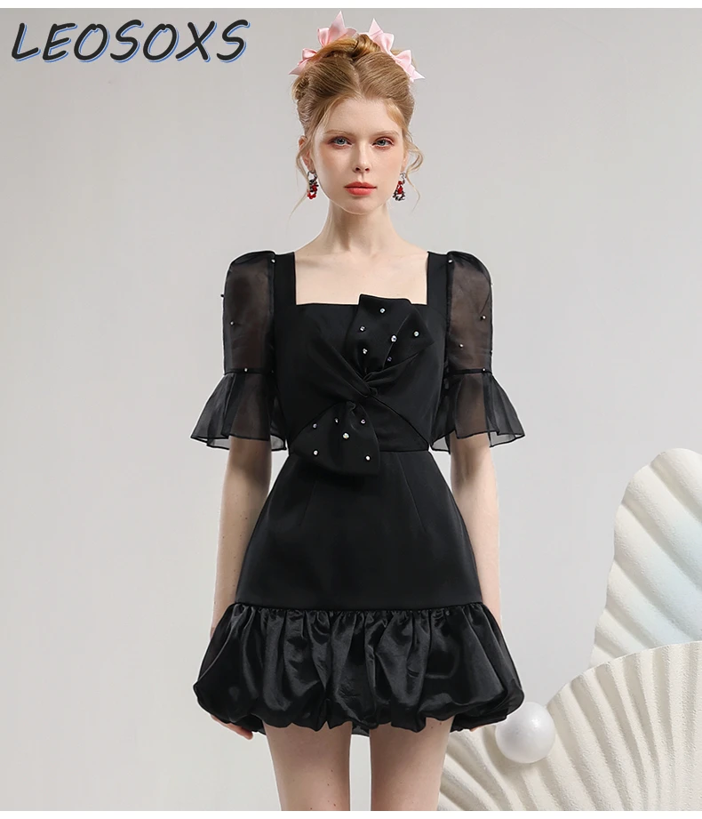 

Elegant Community Black Dress 2024 Summer New Heavy Industry Hot Drilling Three-Dimensional Bow Organza Dresses Women Dress