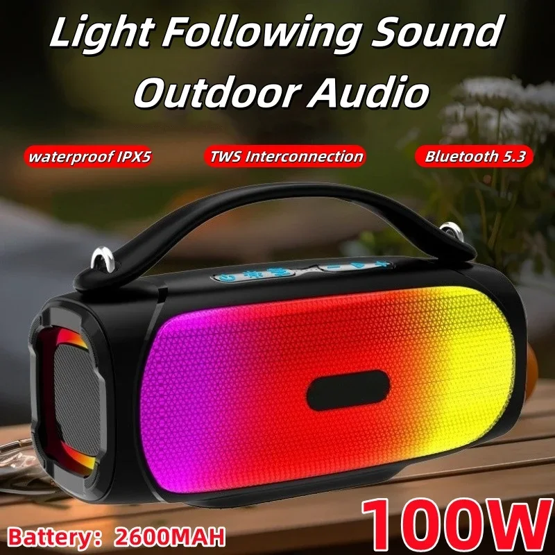 100W Outdoor RGB Lamp Camping Portable Waterproof Strong Subwoofer Wireless Surround Sound Box Bluetooth Speaker Caixa De Som